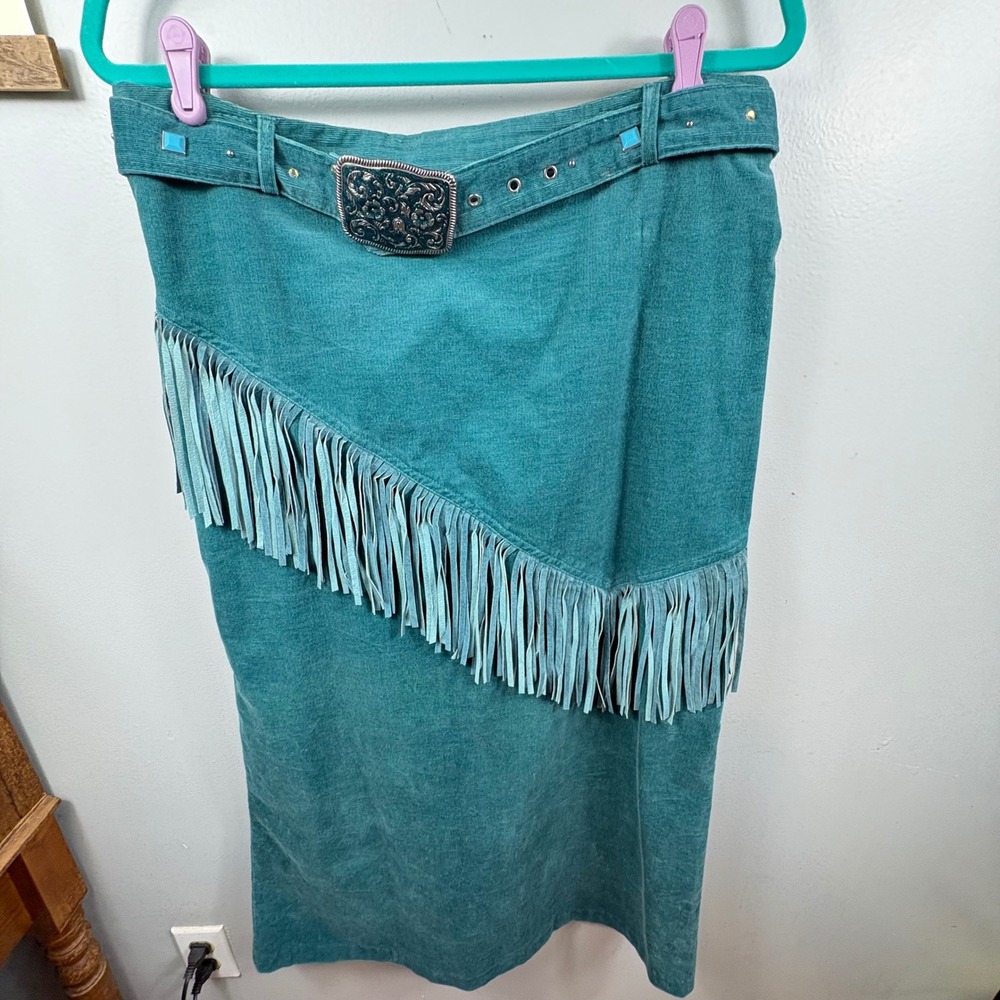 Vintage Teal Corduroy Western Fringe Skirt Set Embroidered Cowgirl 8/12 - Picture 11 of 16